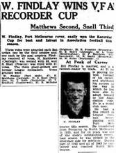 Bill Findlay (Port Melbourne) Recorder Cup - Source: Argus 12-Sep-1946 p12