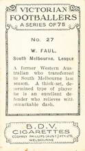 1933 BDV Cigarettes   South Melbourne W Faul Card Number 27   Carnegie Collectables 