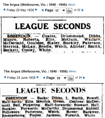 Essendon Seconds Team Lists 1938