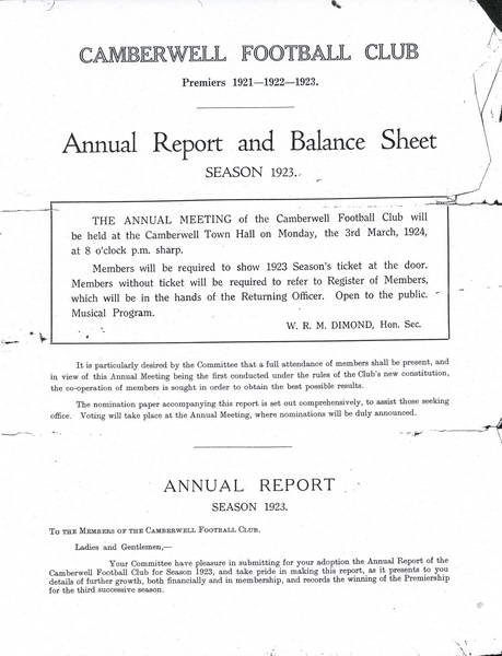 1923 Camberwell Football Club Annual Report - cover